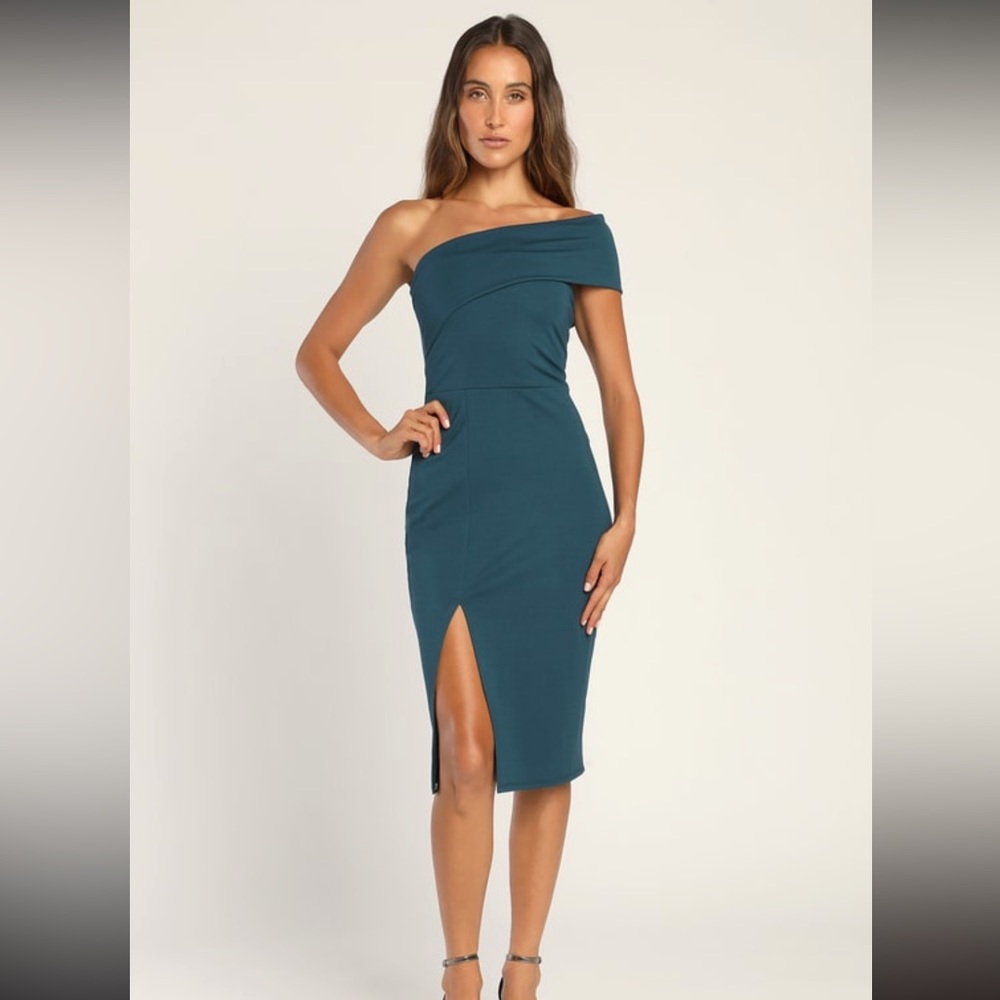 Teal blue Lulus one shoulder bodycon midi dress